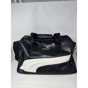 VTG 90s PUMA Vinyl Weekender Duffle In Black / White Logo Travel Gym Bag